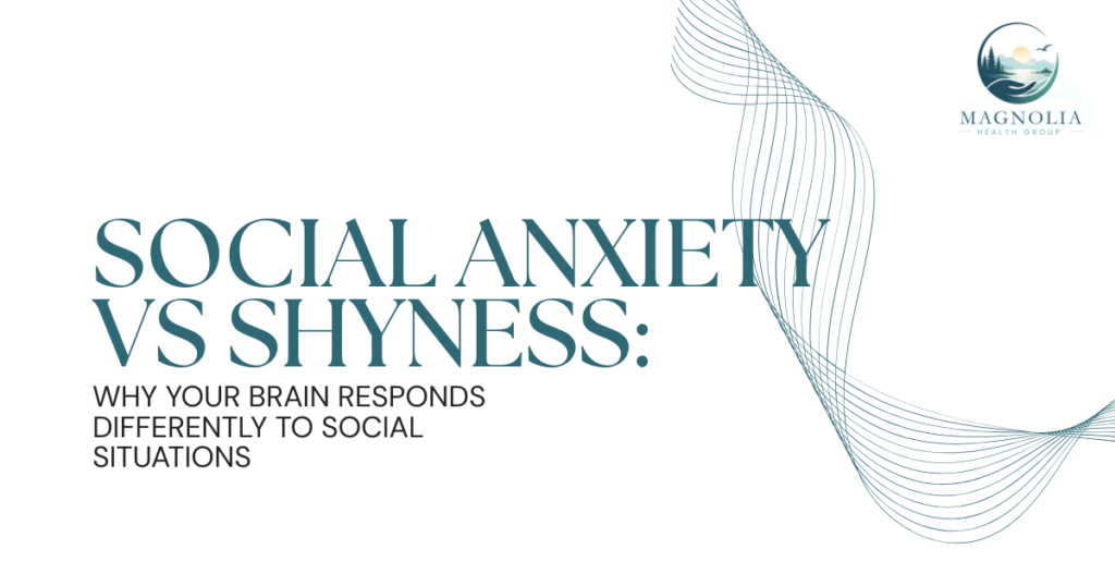Hero banner with teal title: 'Social Anxiety vs Shyness: Why your brain responds differently to social situations' and Magnolia Health Group logo in the top-right.